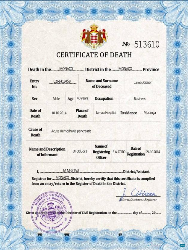 Download Monaco vital record death certificate PSD template Photoshop template
